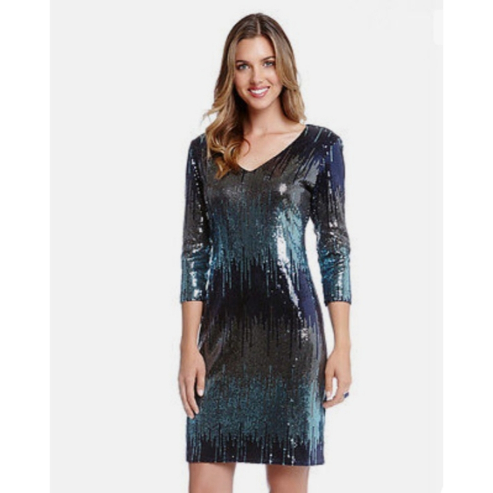 Karen Kane Blue and Silver Waterfall Sequin Sheath Dress